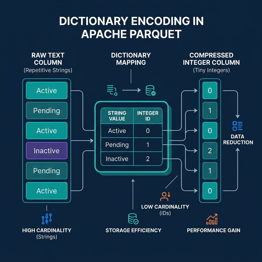 Diagram of Dictionary Encoding mapping text strings to small integer identifiers
