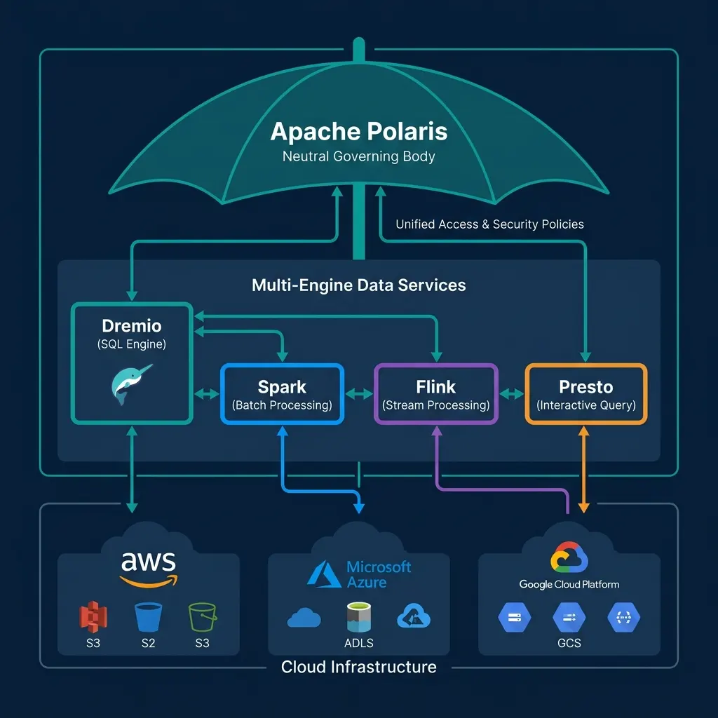 Diagram showing Apache Polaris serving as the neutral governing body spanning different clouds and engines