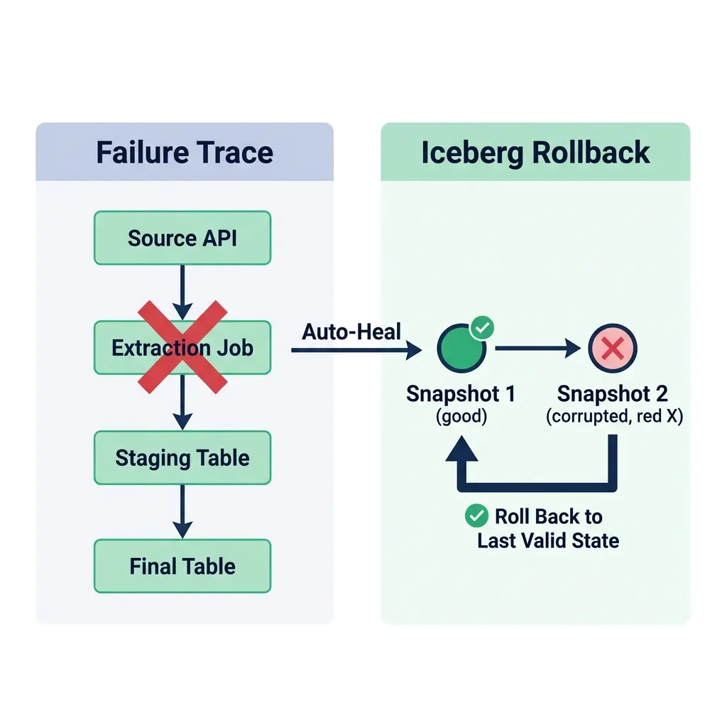 Data pipeline failure trace and rollback workflow