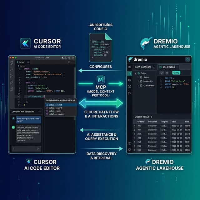 Cursor AI code editor connecting to Dremio Agentic Lakehouse via MCP